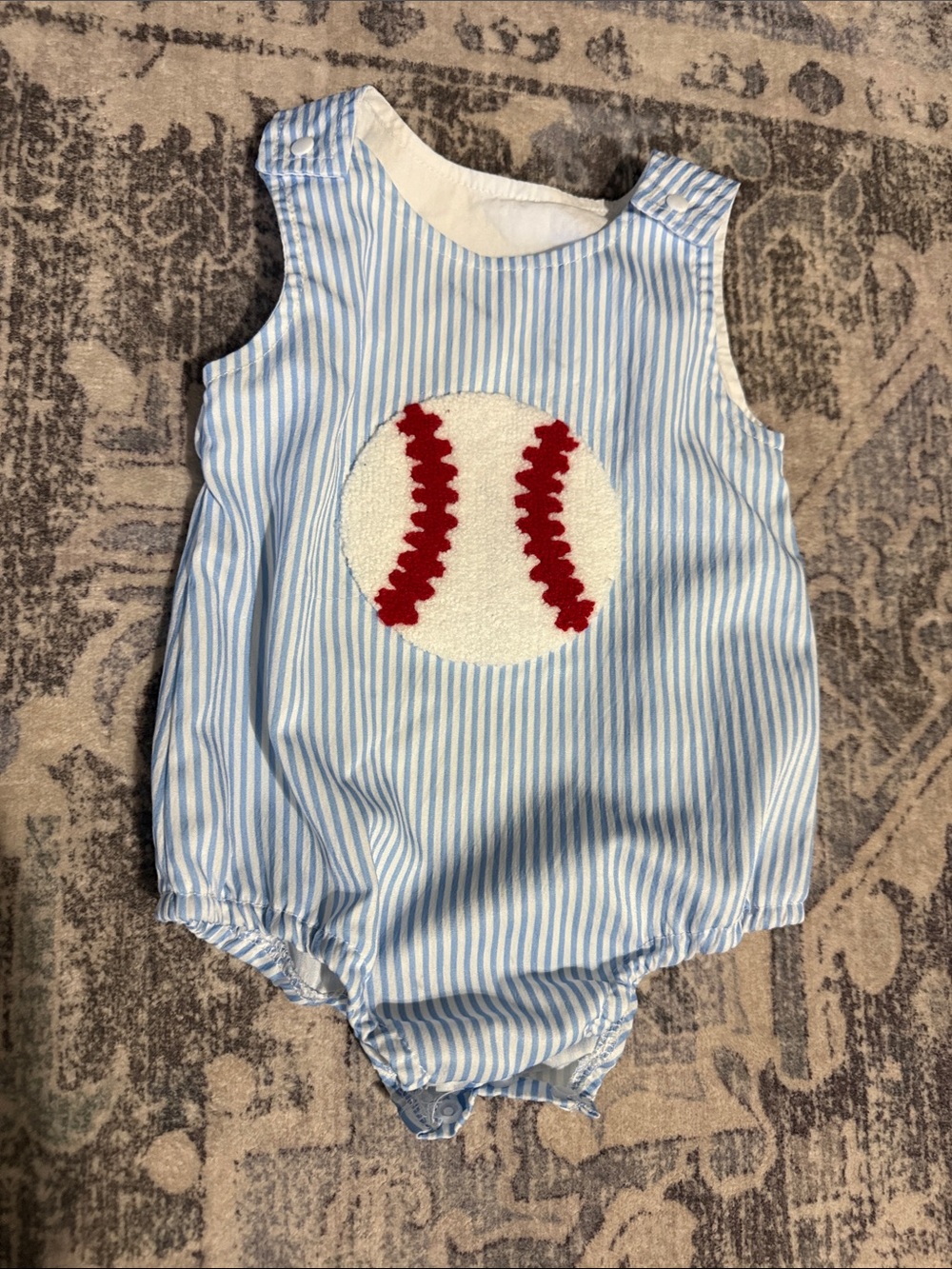 Blue Stripe Baby Romper with Baseball Applique